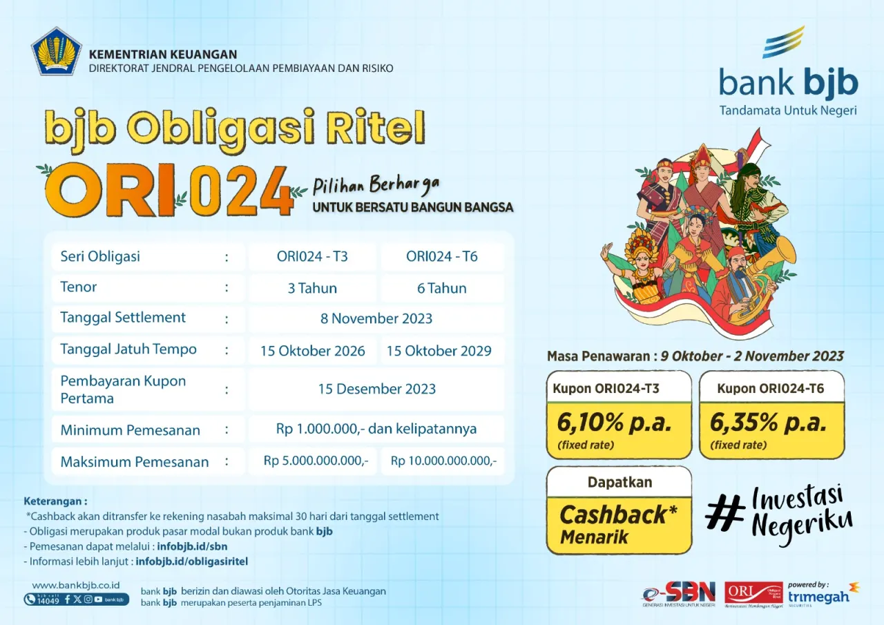 Penawaran ORI024 telah dibuka mulai dari 9 Oktober 2023 sampai dengan 2 November 2023 dan akan didistribusikan pada 8 November 2023. ORI024-T3 akan jatuh tempo tanggal 15 Oktober 2026 dan ORI024-T6 jatuh tempo tanggal 15 Oktober 2029.