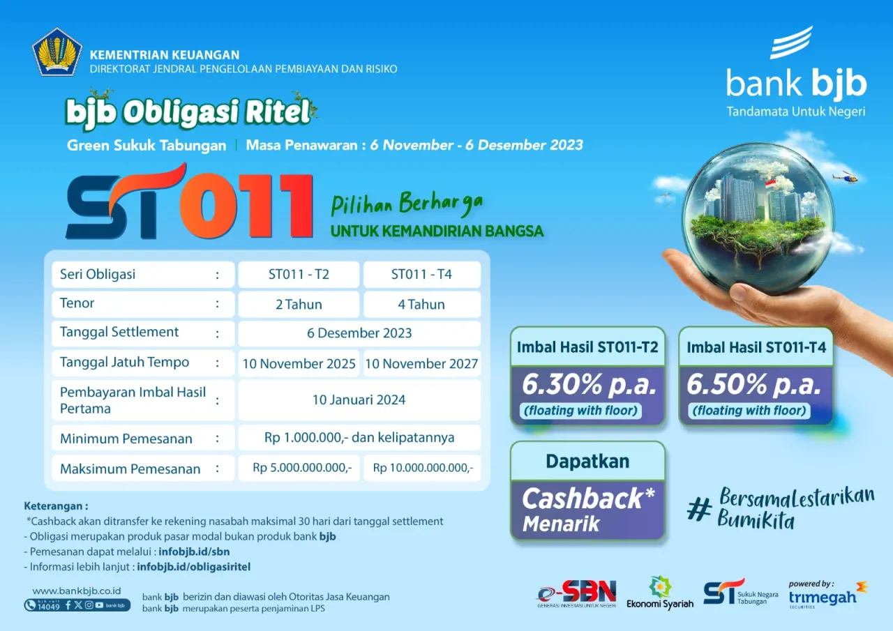 Masa penawaran ST011 mulai 6 November dan akan berakhir pada 6 Desember 2023. Kali ini, pemerintah menawarkan dua skema tenor dengan nilai keuntungan berbeda, yaitu ST011-T2 untuk tenor 2 tahun dan ST011-T4 untuk tenor 4 tahun.