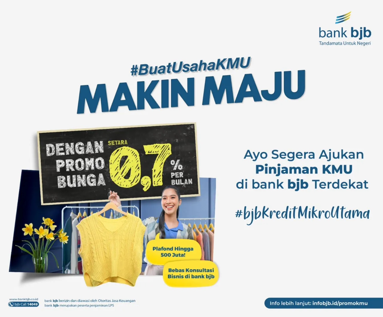 Sebagai bentuk apresiasi bank bjb kepada debitur setia pelaku UMKM yang membutuhkan suntikan modal, tak perlu khawatir. Karena bank bjb memiliki program promo pinjaman dengan suku bunga, sangat kompetitif serta biaya administrasi ringan dan terjangka