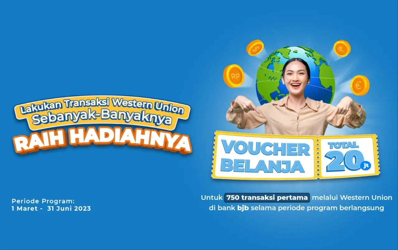 Program Gebyar Hadiah bank bjb Remittance Reward Western Union menawarkan hadiah menarik bagi nasabah perorangan atau Walk In Customer yang melakukan transaksi remittance Western Union. Adapun hadiah yang ditawarkan berupa voucher belanja Rp25.000.